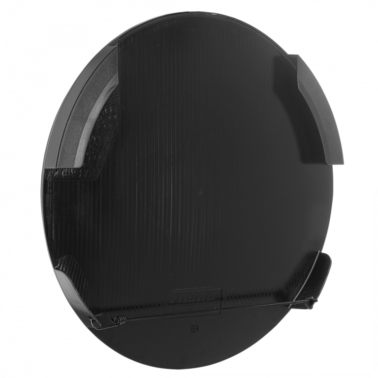 Das Bild zeigt eine schwarze, runde Schildabdeckung in der Detailansicht von hinten.