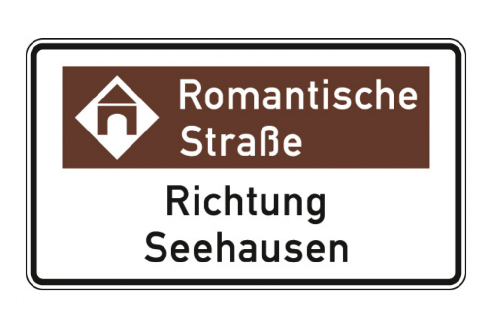 Touristische Unterrichtungstafeln VZ 386.3 13 Das Bild zeigt das VZ 386.2-52. Es ist ein Verkehrszeichen, welche eine touristische Route mit Bezugsziel in der Variante "Richtung" darstellt.