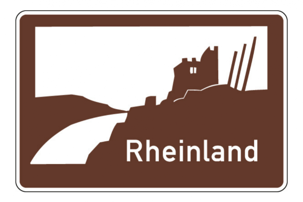Touristische Unterrichtungstafeln VZ 386.3 8 Das Bild zeigt eine Touristische Unterrichtungstafel VZ 386.3 mit dem Motiv "Rheinland".