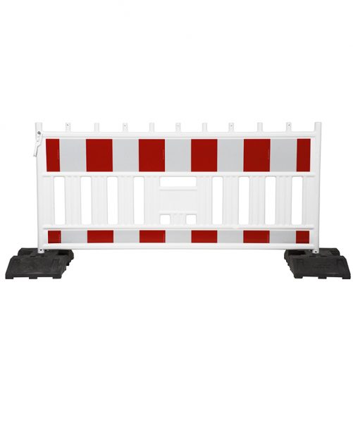 Rot-weiße Absperrschranke FUTURE mit reflektierenden Warnfeldern zur Absicherung von Baustellen und gesperrten Bereichen.