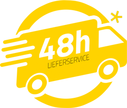 Gelbes Grafikelement mit Hinweis auf einen 48-Stunden-Lieferservice sowie schwarz-gelbem Logo.