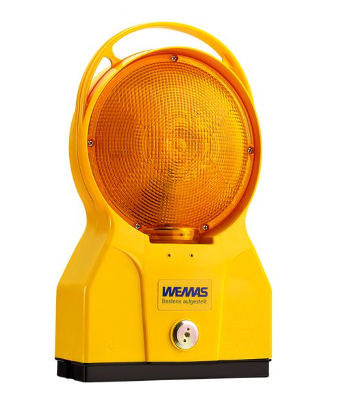 Gelbe Warnleuchte FUTURE mit großem orangefarbenen Leuchtkörper zur Verkehrssicherung.