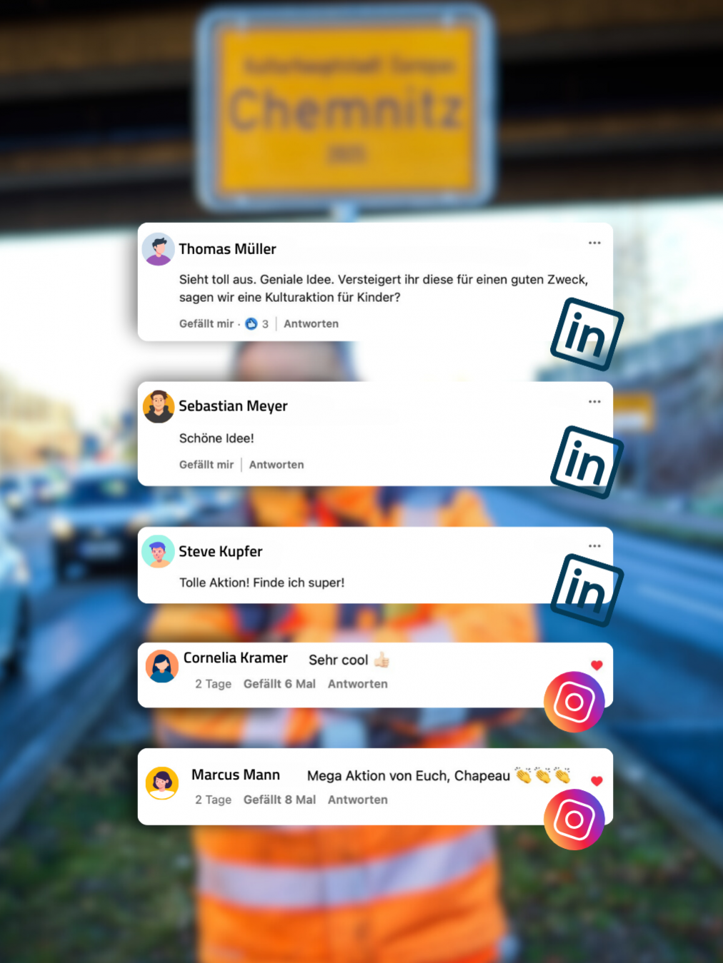 Im Hintergrund ist ein verschwommenes Bild des Schilderwerk Beutha Monteurs vor einer Ortstafel mit der Aufschrift Kulturhauptstadt Europas 2025 zu sehen. Im Vordergrund sind Abbildungen von Kommentaren aus den sozialen Medien.