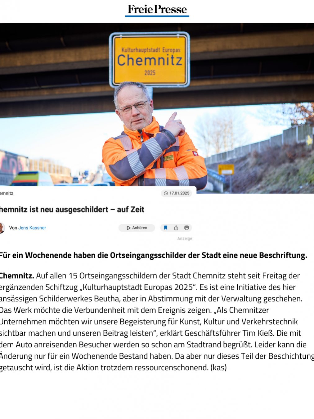 Bild des Presseartikels der Freien Presse über unsere Ortstafel - Aktion zur Kulturhauptstadt Chemnitz.