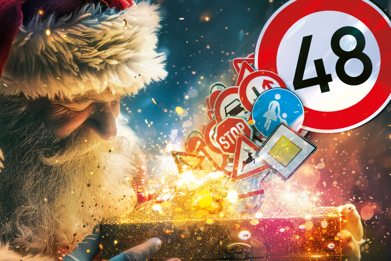 Weihnachtsmann öffnet eine Kiste woraus verschiedene Schilder fliegen