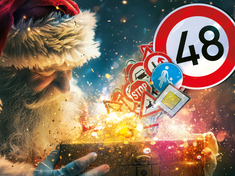 Weihnachtsmann öffnet eine Kiste woraus verschiedene Schilder fliegen