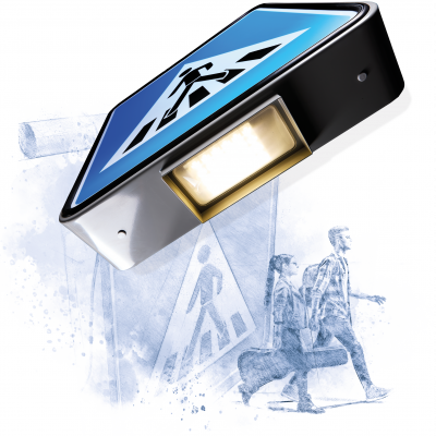 Bild eines innenbeleuchteten Transparentes des VZ350 für einen Fußgängerüberweg. Im Hintergrund ist eine Zeichnung des FGÜ mit Fußgängern zu sehen und im Vordergrund ein reales FGÜ.