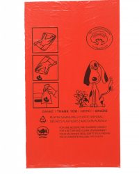 Hundekotbeutel für DS 1 und DS 2 Ein roter Hundekotbeutel mit mehreren schwarzen Piktogrammen und erläuterndem Text zur richtigen Nutzung des Beutels.