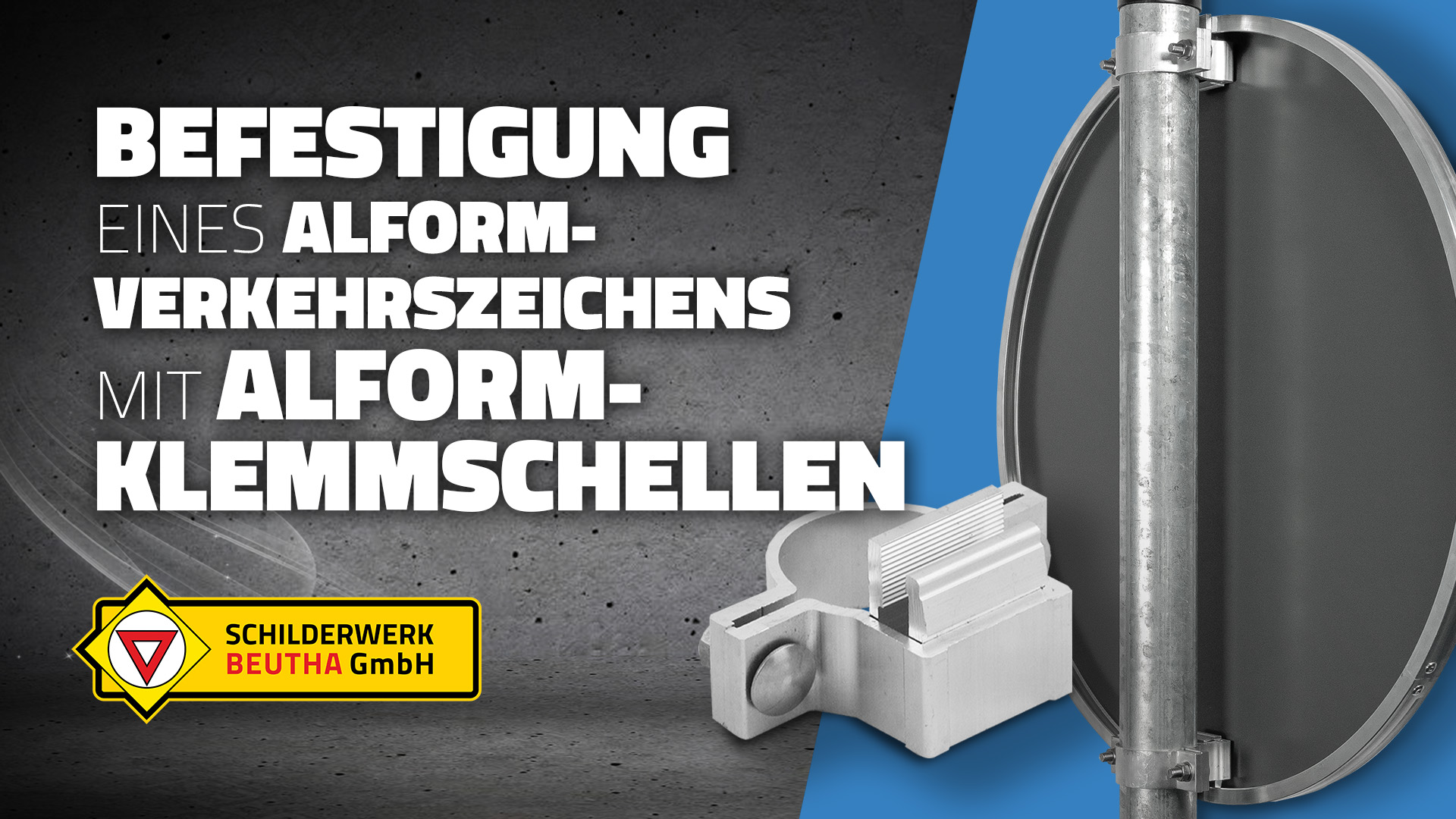 Ein Vorschaubild zu unserem Montage-Video "Befestigung eines Alform-Verkehrszeichens mit Alform-Klemmschellen". Gezeigt wird im Vordergrund die Rückseite eines runden Alform-Verkehrszeichens mit passenden Klemmschellen.