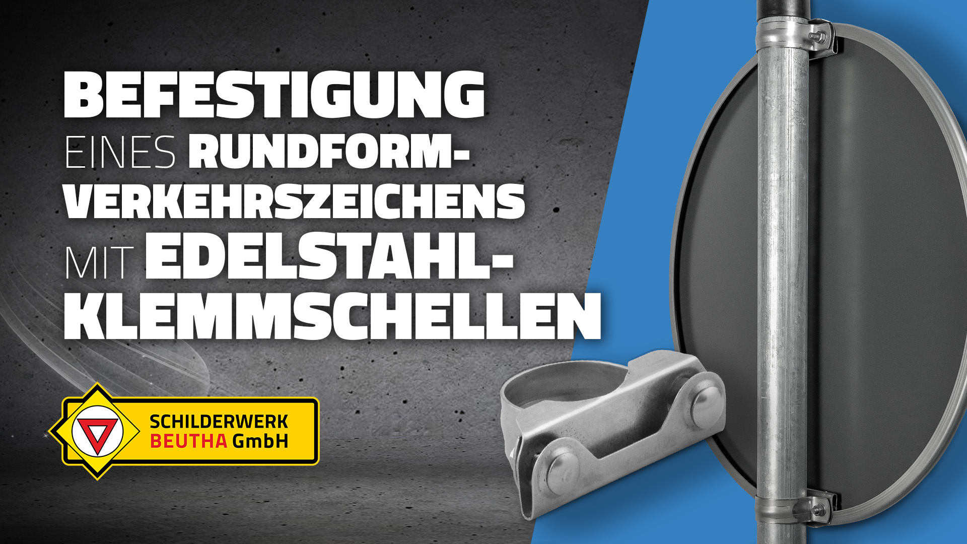Ein Vorschaubild zu unserem Montage-Video "Befestigung eines Rundform-Verkehrszeichens mit Edelstahl-Klemmschellen". Gezeigt wird im Vordergrund die Rückseite eines Rundform-Verkehrszeichens mit Befestigung.