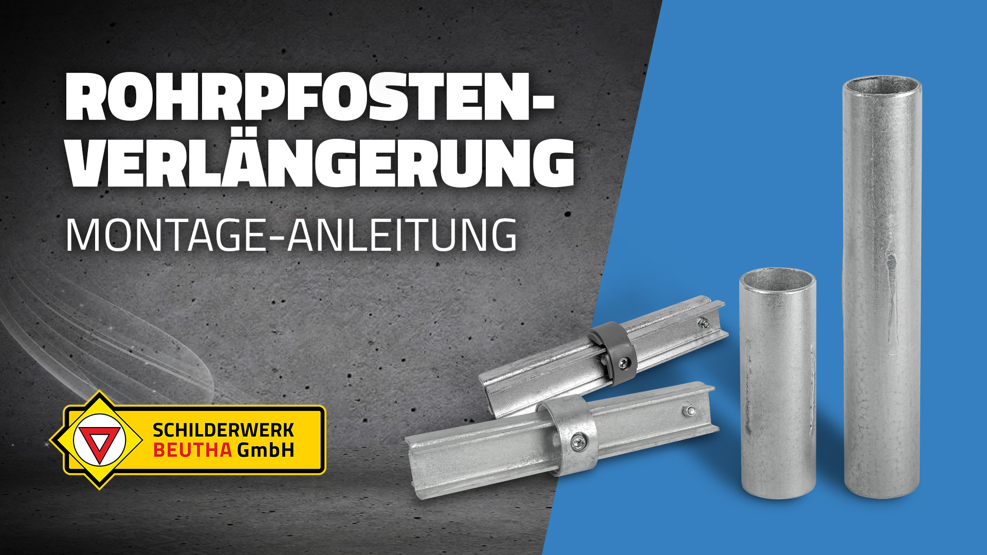 Ein Vorschaubild zu unserem Montage-Video "Rohrpfostenverlängerung". Gezeigt werden im Vordergrund verschiedene Verbindungsstücke zur Rohrverlängerung sowie Rohrclips.