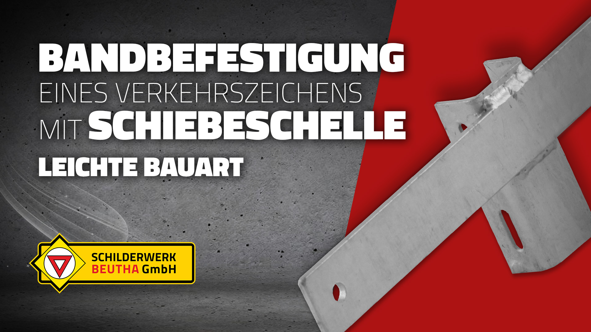 Ein Vorschaubild zu unserem Montage-Video "Bandbefestigung eines Verkehrszeichens mit Schiebeschelle (leichte Bauart) und Stahlband". Gezeigt wird im Vordergrund eine Schiebeschelle, leichte Bauart für Bandbefestigung.