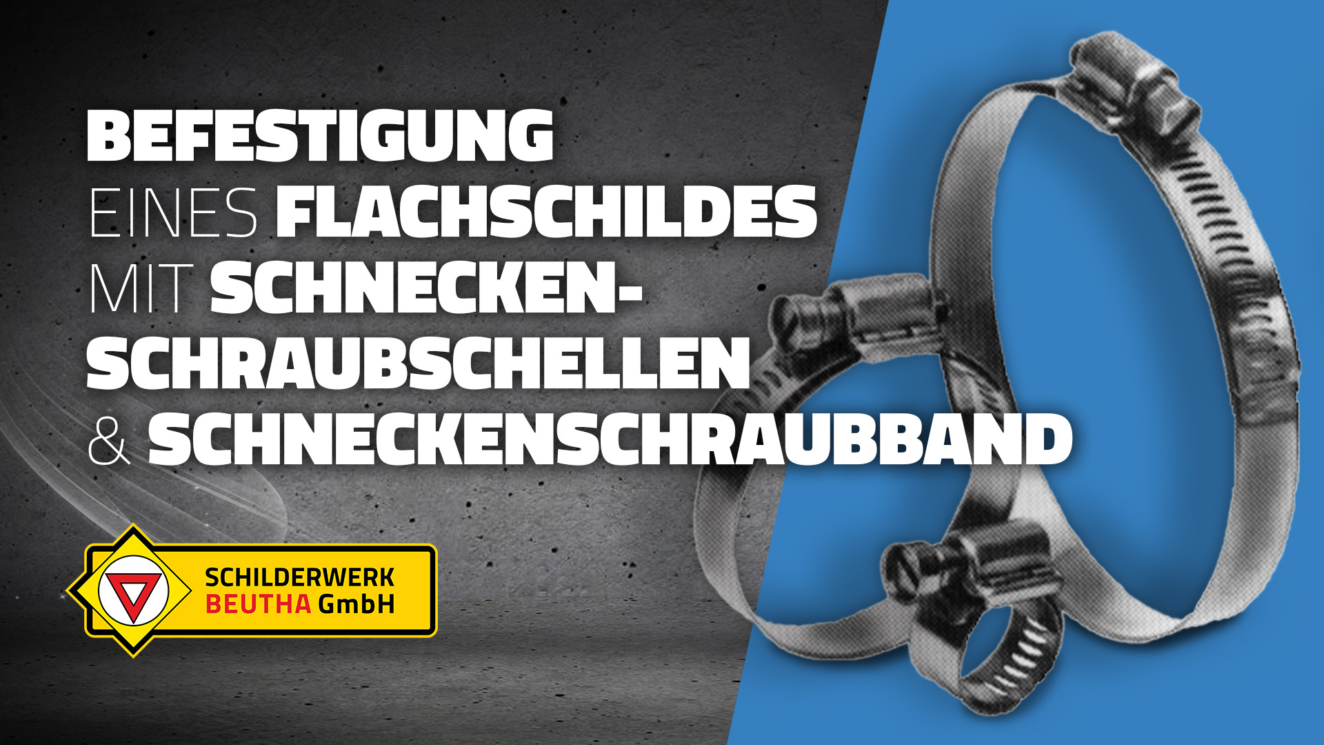 Ein Vorschaubild zu unserem Montage-Video "Befestigung eines Flachschildes mit Schneckenschraubschellen und Schneckenschraubband". Gezeigt werden im Vordergrund verschiedene Schneckenschraubschellen.