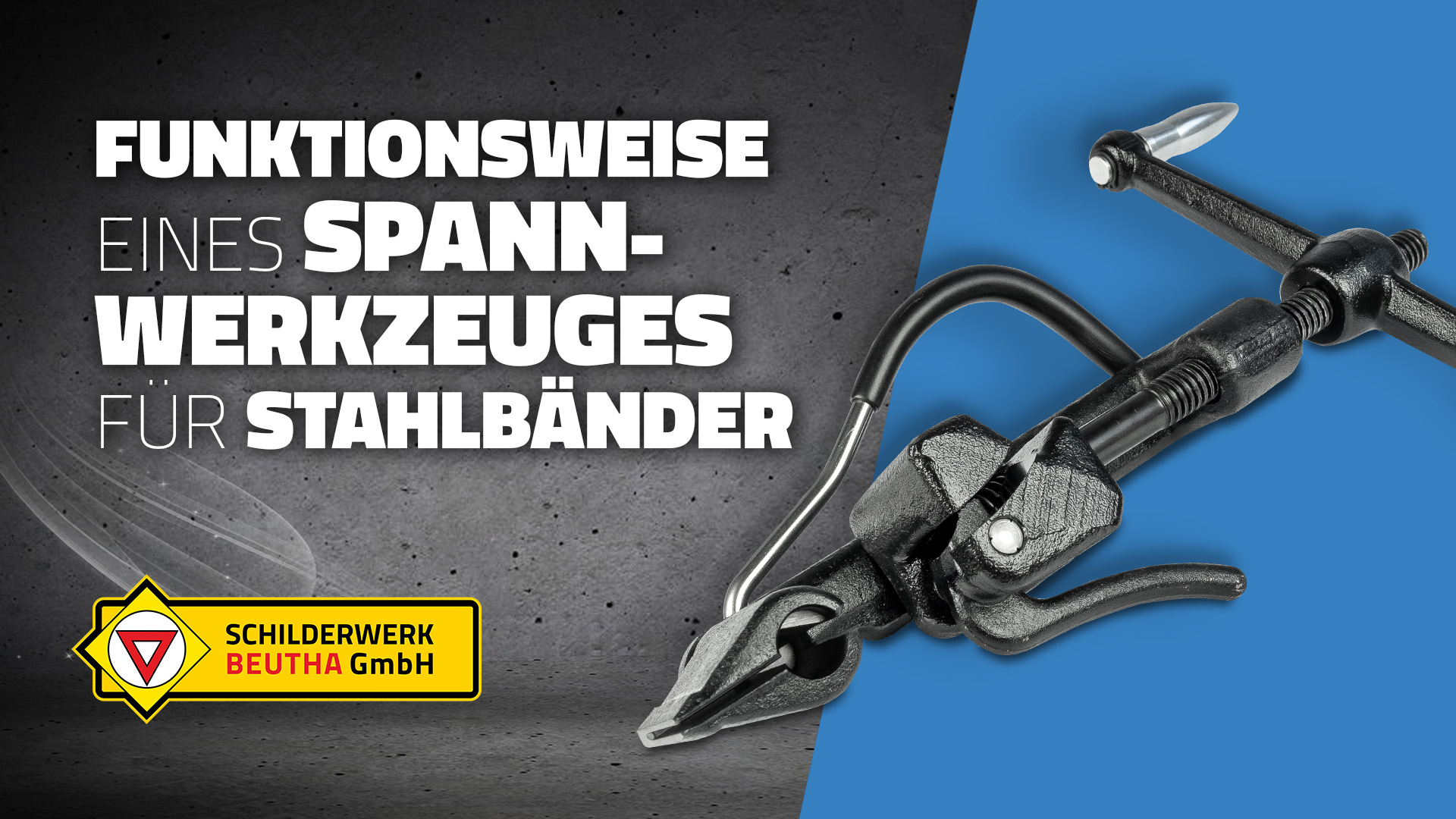 Ein Vorschaubild zu unserem Montage-Video "Funktionsweise eines Spannwerkzeuges für Stahlbänder". Gezeigt wird im Vordergrund ein Spannwerkzeug "Bandimex" für Stahlbänder.