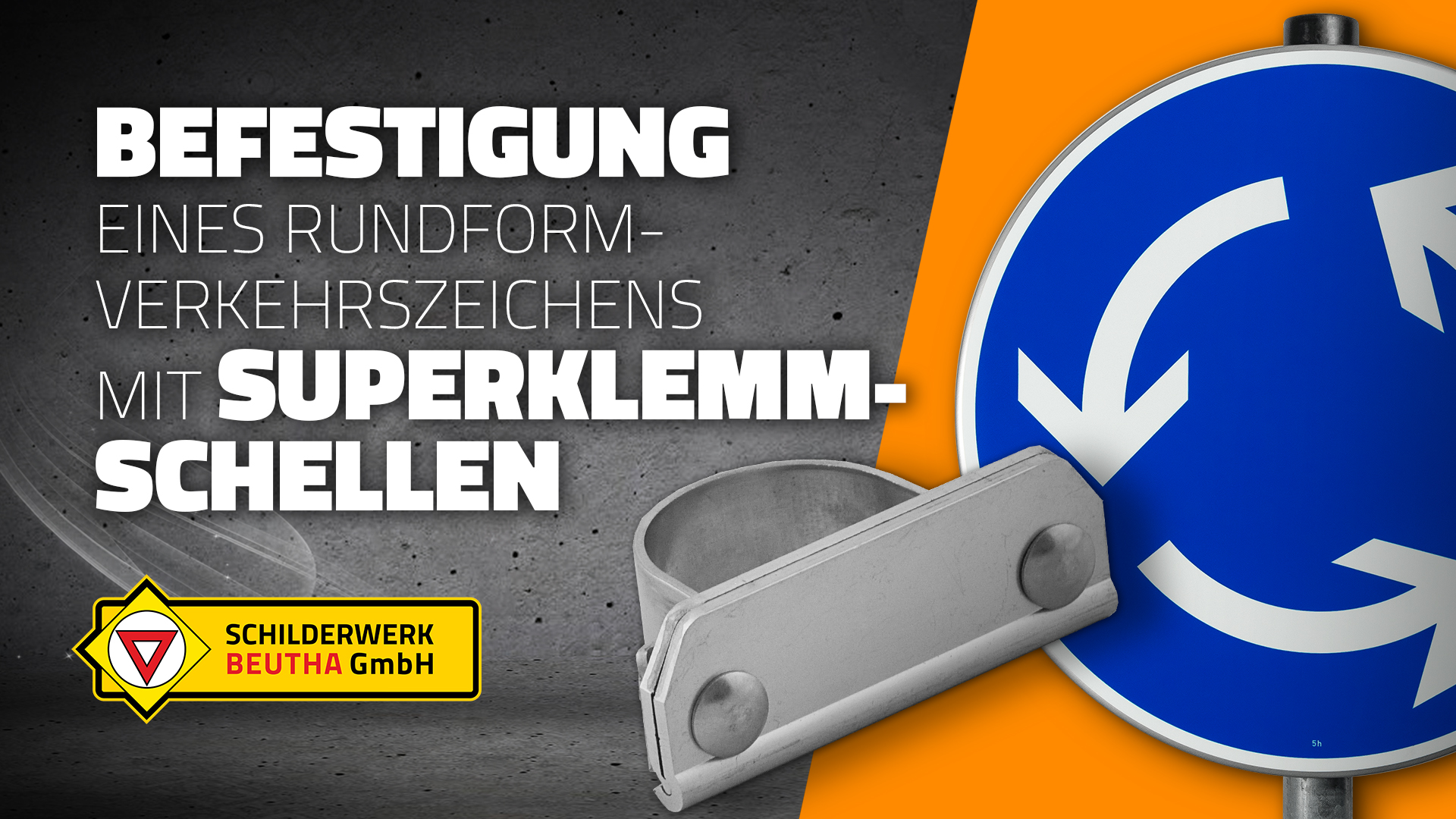 Ein Vorschaubild zu unserem Montage-Video "Befestigung eines Rundform-Verkehrszeichens mit Super-Klemmschellen". Gezeigt wird im Vordergrund das Verkehrszeichen 215 "Kreisverkehr" am Pfosten sowie die zugehörige Super-Klemmschelle.