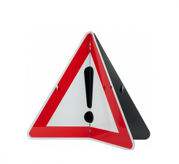 Warnschild als Klappschild, in Buchform, halb aufgeklappt