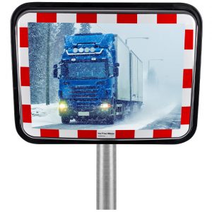 Rechteckiger, beschlagsfreier Edelstahl-Verkehrsspiegel mit rot-weißer Umrandung, montiert auf Pfosten, für bessere Sicht im Straßenverkehr