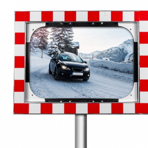 Rechteckiger Sicherheitsglas-Verkehrsspiegel mit rot-weißer Umrandung und stabilem Alu-Gehäuse. Als Teil des Septemberangebot