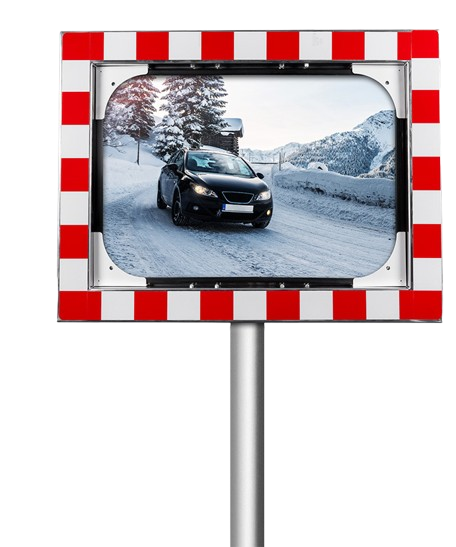 Rechteckiger Sicherheitsglas-Verkehrsspiegel mit rot-weißer Umrandung und stabilem Alu-Gehäuse. Als Teil des Septemberangebot