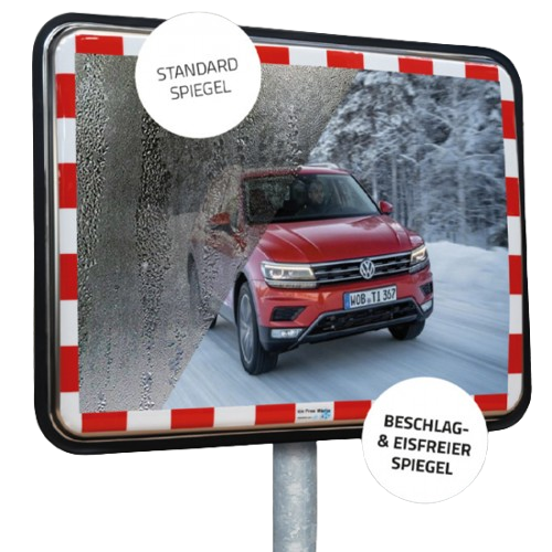 Edelstahl- Verkehrsspiegel zeigt ein Fahrzeug auf einer verschneiten Straße. Transparenter Hintergrund