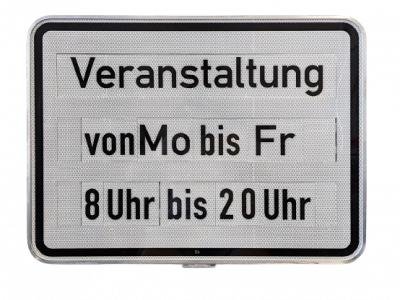 Datensteckschild mit Text „Veranstaltung von Mo bis Fr 8–20 Uhr“
