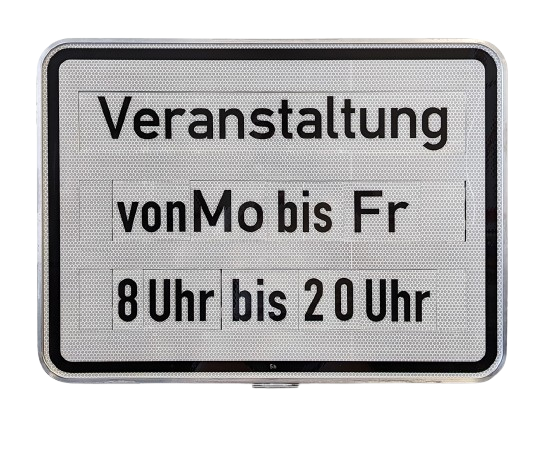 Datensteckschild mit Text „Veranstaltung von Mo bis Fr 8–20 Uhr“