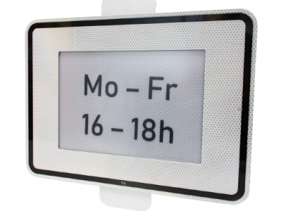 Einschubschild mit Wochen- und Uhrzeitangabe „Mo–Fr 16–18h“