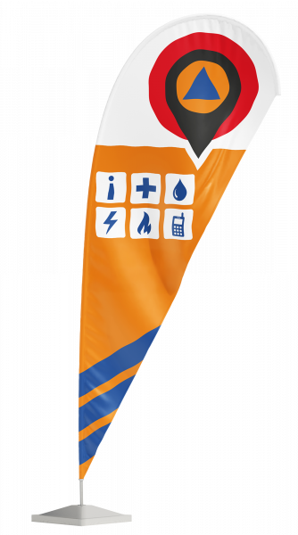 Notfall Beachflag mit Piktogrammen – Kennzeichnung von Hilfe und Infrastruktur.