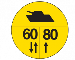 Gelbes Rundschild mit technischen Angaben 60/80 – Kennzeichnung oder Hinweiszeichen