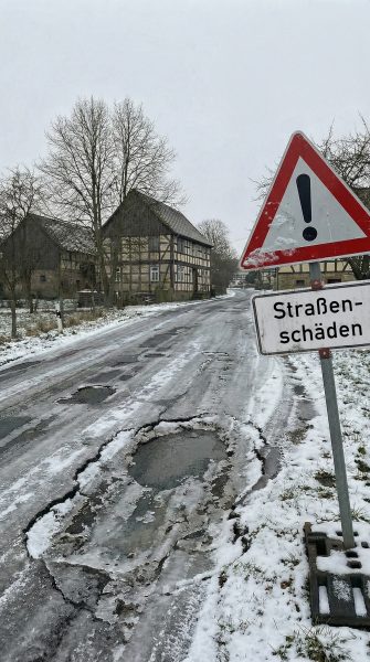 Winter_Schlagloch Verschneite Straße mit großem Schlagloch und Warnschild „Straßenschäden“ am Fahrbahnrand