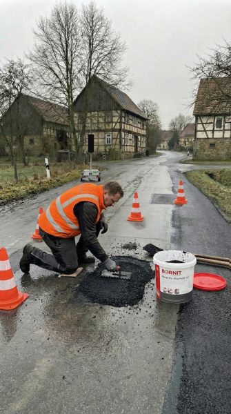 Frühjahr_Bauarbeiter mit Reparaturasphalt Arbeiter in orangefarbener Warnweste kniet auf nasser Straße und repariert ein Schlagloch mit Asphaltmaterial
