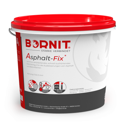 Bornit Asphalt Fix_Kaltasphalt Eimer mit der Aufschrift „Asphalt-Fix“ und rotem Deckel vor transparentem Hintergrund