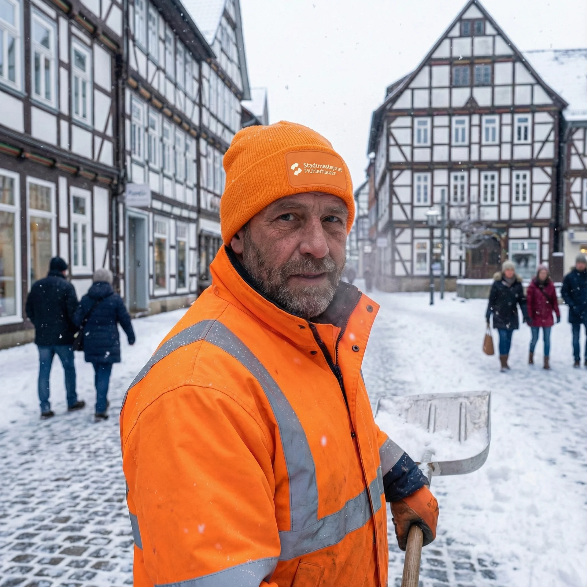 Winterschäden gezielt ausbessern 1 Mann in orangefarbener Warnjacke und Mütze hält im Winter eine Schneeschaufel auf einer verschneiten Straße