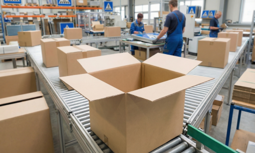 Offene Versandkartons auf einem Förderband in einer modernen Verpackungshalle mit Mitarbeitenden bei der industriellen Warenverpackung.