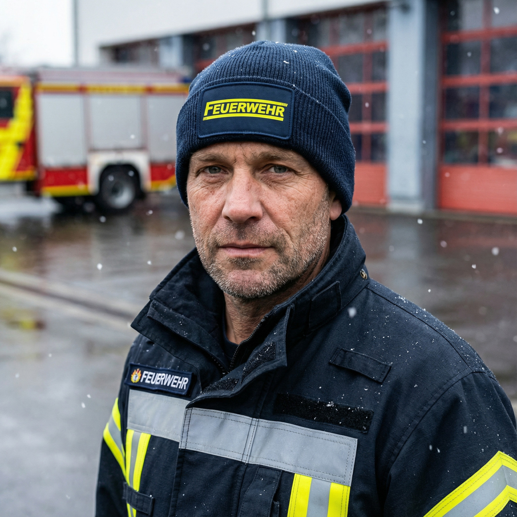 Winterschäden gezielt ausbessern 6 Feuerwehrmann in dunkler Einsatzkleidung und Strickmütze steht im Hof einer Feuerwache bei leichtem Schneefall