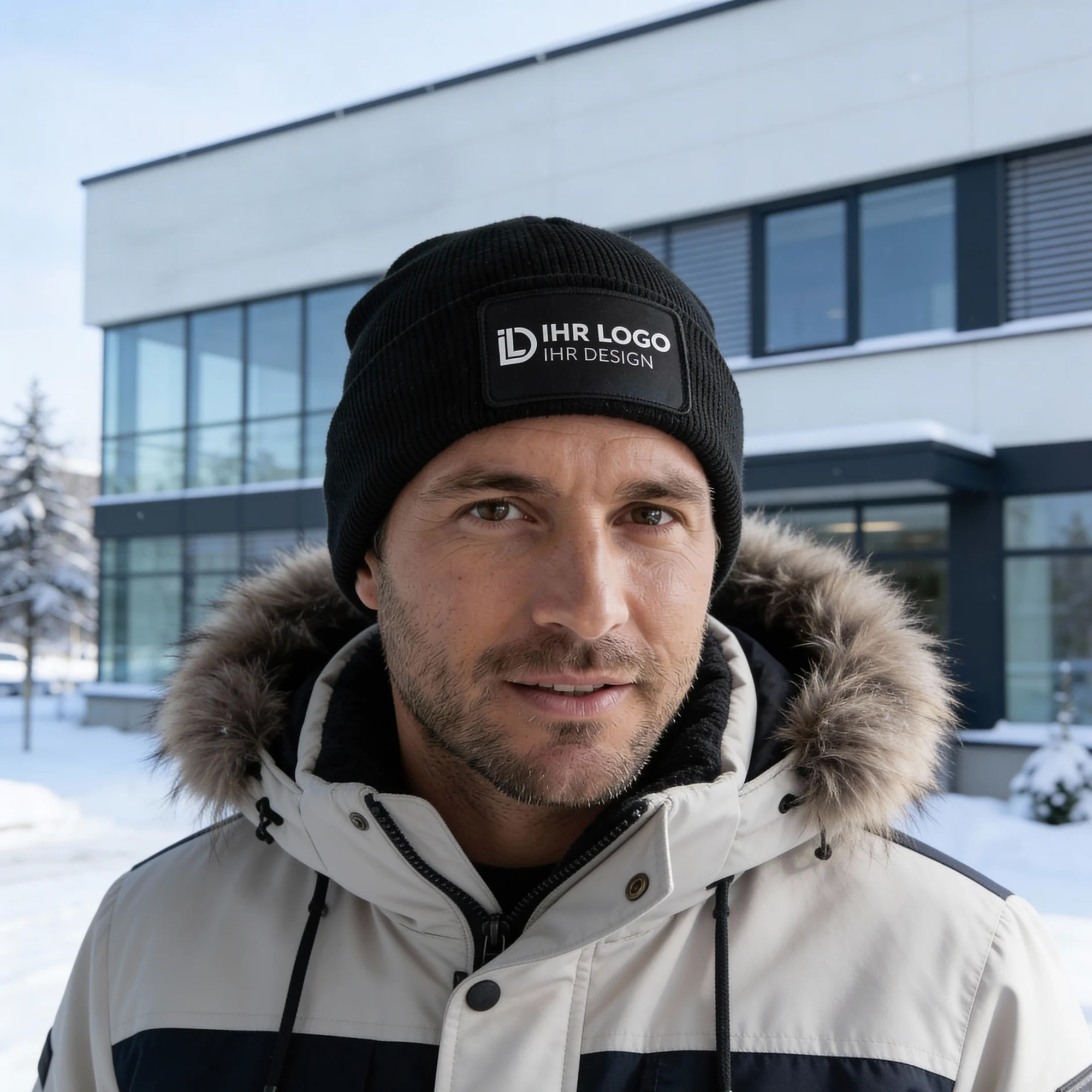 Winterschäden gezielt ausbessern 3 Mann mit schwarzer Mütze und Logo und Winterjacke steht vor einem modernen Firmengebäude