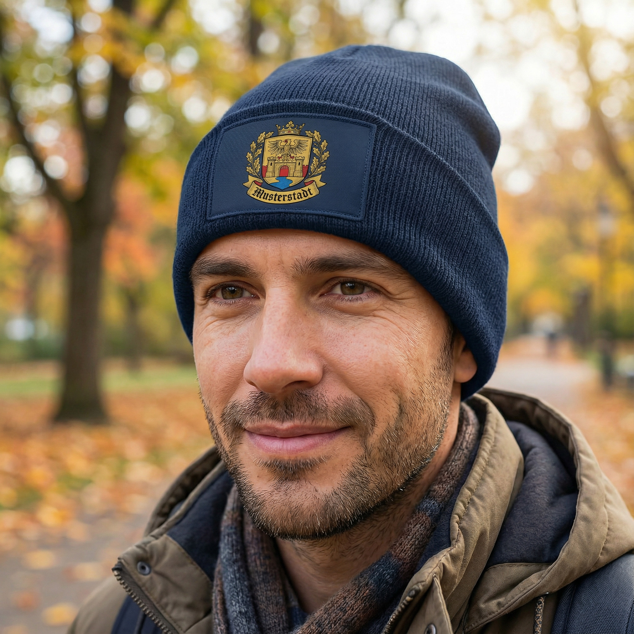 Winterschäden gezielt ausbessern 4 Mann mit dunkler Strickmütze mit Logo und Jacke steht im Freien vor herbstlichen Bäumen
