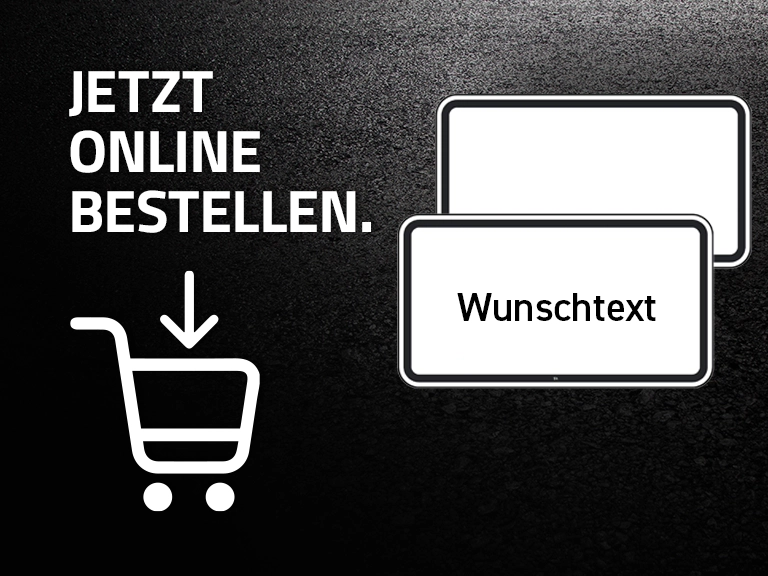 Dargestellt werden zwei Zusatzschilder, einmal mit "Wunschtext" und einmal ohne Inhalt. Daneben befindet sich der Verweis zum Webshop "Jetzt online bestellen.".