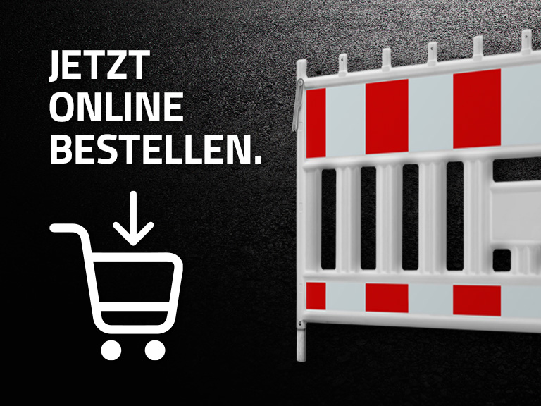 Weißes Absperrgitter mit rot-weißen Warnstreifen, daneben der Text ‚Jetzt online bestellen.‘ und ein Einkaufswagen-Symbol