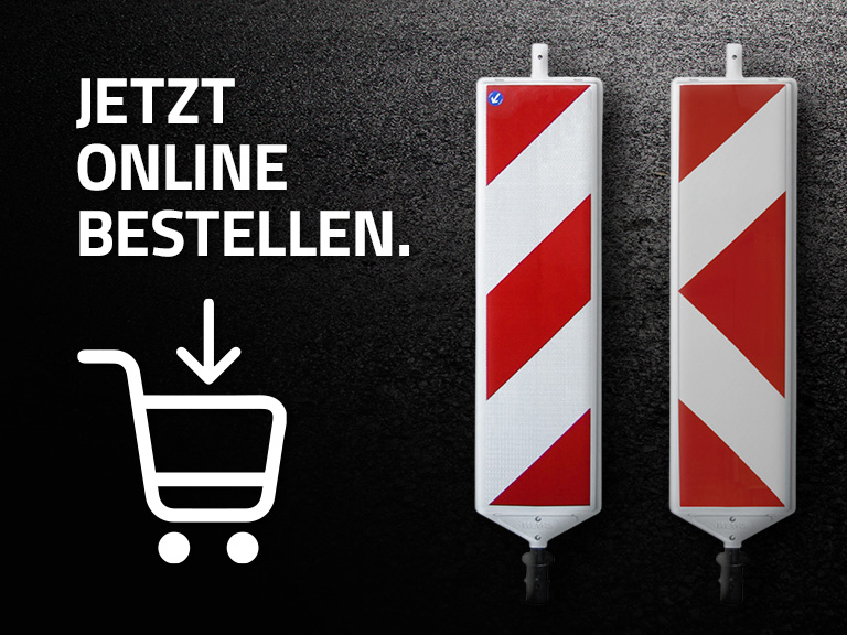 Zwei rot-weiß gestreifte Warnbaken, daneben der Text ‚Jetzt online bestellen.‘ und ein Einkaufswagen-Symbol
