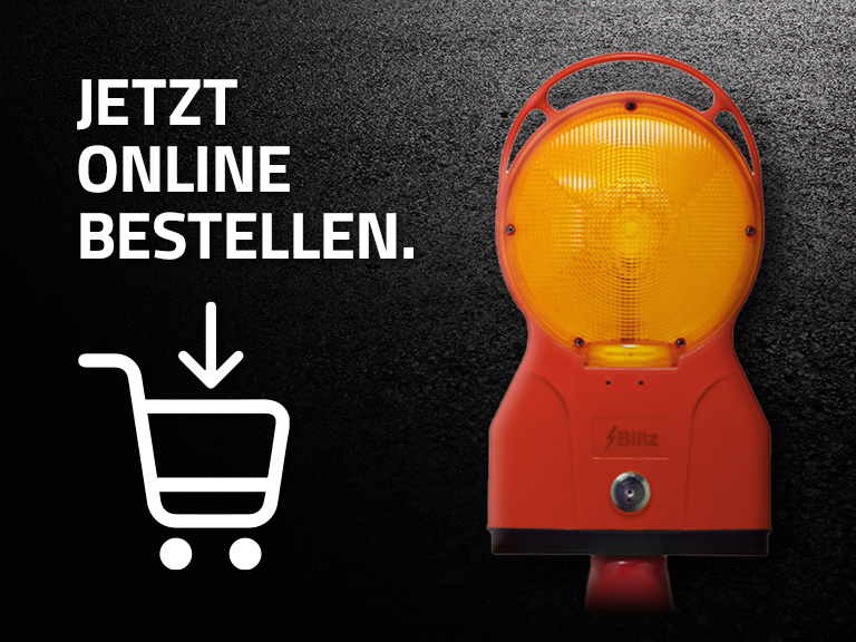 Rote Warnleuchte mit gelber runder Linse, daneben der Text ‚Jetzt online bestellen.‘ und ein Einkaufswagen-Symbol