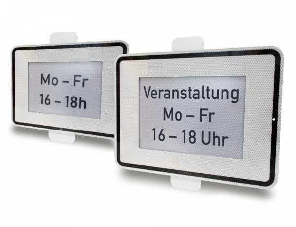 Einschubschild in zwei Größen mit Wochen- und Uhrzeitangabe „Mo–Fr 16–18h“