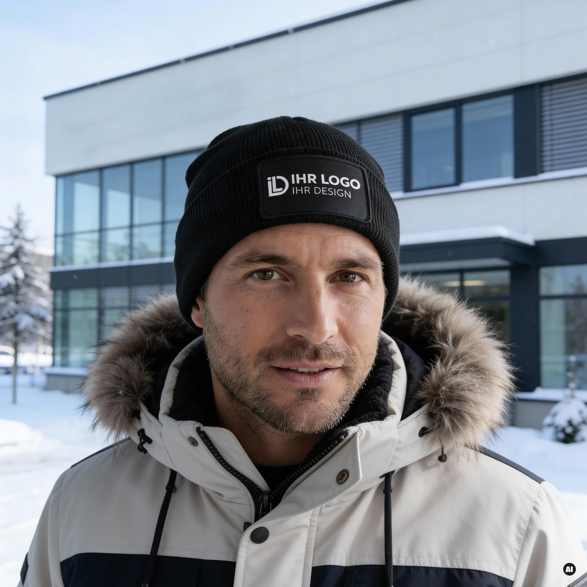 Winterschäden gezielt ausbessern 5 Mann mit schwarzer Mütze und Logo und Winterjacke steht vor einem modernen Firmengebäude