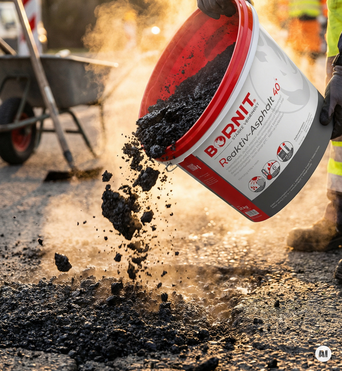 Bornit Kalt-Asphalt Asphaltmaterial wird aus einem Eimer auf eine beschädigte Straße geschüttet, dabei steigt Dampf auf