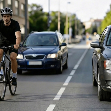 Fahrradsicherheit-erhöhen-durch-Verkehrslenkung-Lösung_vorher Radfahrer im fließenden Autoverkehr ohne Schutzstreifen auf einer Straße in Deutschland – Herausforderung Verkehrssicherheit, Schilderwerk Beutha
