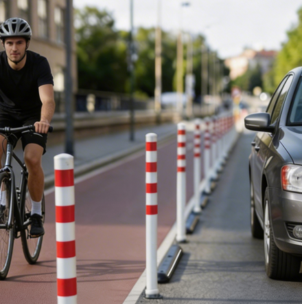 Fahrradsicherheit-erhöhen-durch-Verkehrslenkung-Lösung_nachher Radweg mit rot-weißen Pollern zur sicheren Trennung vom Autoverkehr neben parkenden Fahrzeugen für mehr Verkehrssicherheit in deutschen Städten – Schilderwerk Beutha