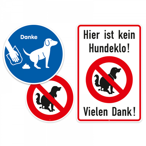 Collage_Hundeschilder Mehrere runde Hinweis- und Verbotsschilder mit Hundesymbol mit Aufschrift: Hier ist kein Hundeklo! Vielen Dank!