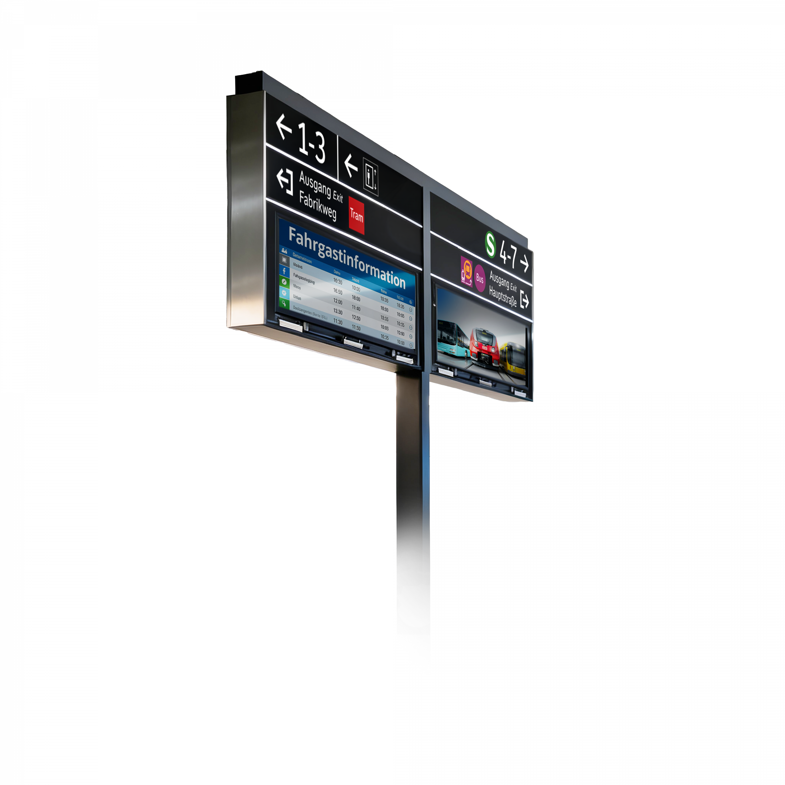 Digitales Wegeleitsystem für die IT-TRANS mit integrierter Fahrgastinformation an einem Bahnsteig im öffentlichen Verkehr