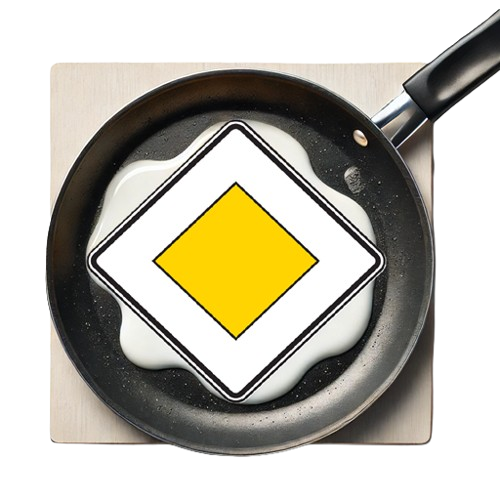 Verkehrszeichen Vorfahrtstraße kreativ als Spiegelei in einer Pfanne dargestellt