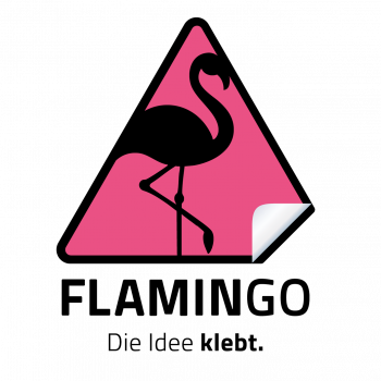 FLAMINGO Logo Flamingo-Icon auf pinkem Warnsymbol und Flamingo-Icon und Schriftzug ‚Die Idee klebt‘.